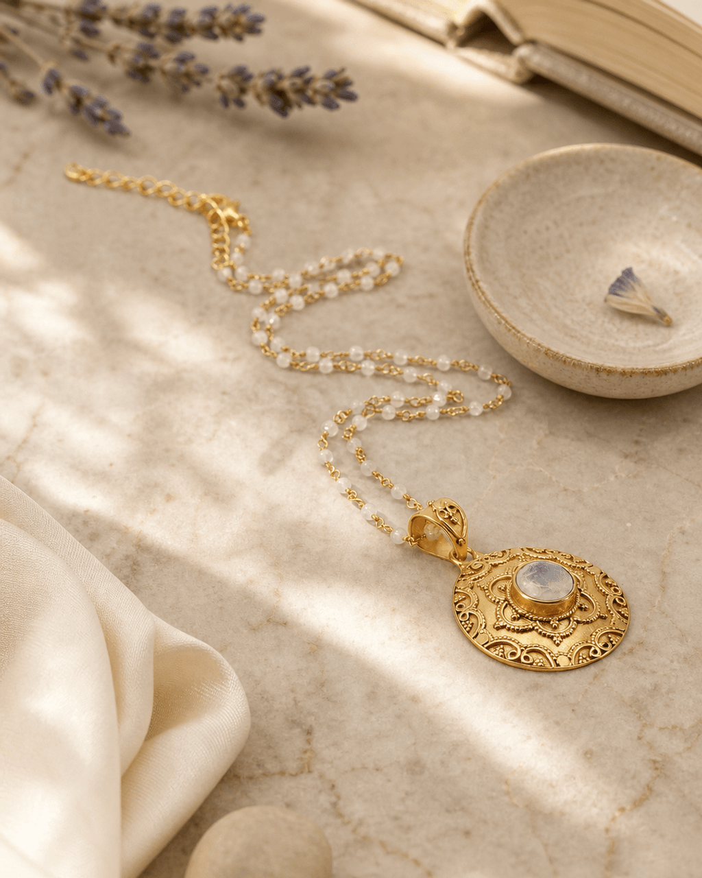 Engraved Medallion Necklace with Rainbow Moonstone