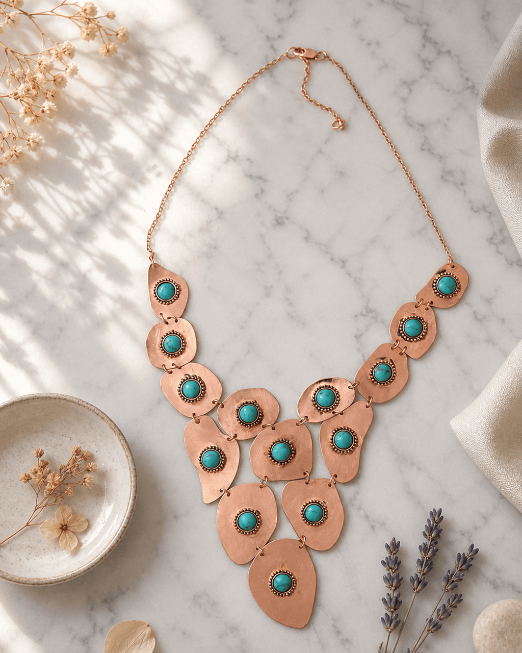 Cascading Copper Bib Necklace with Turquoise Cabochons