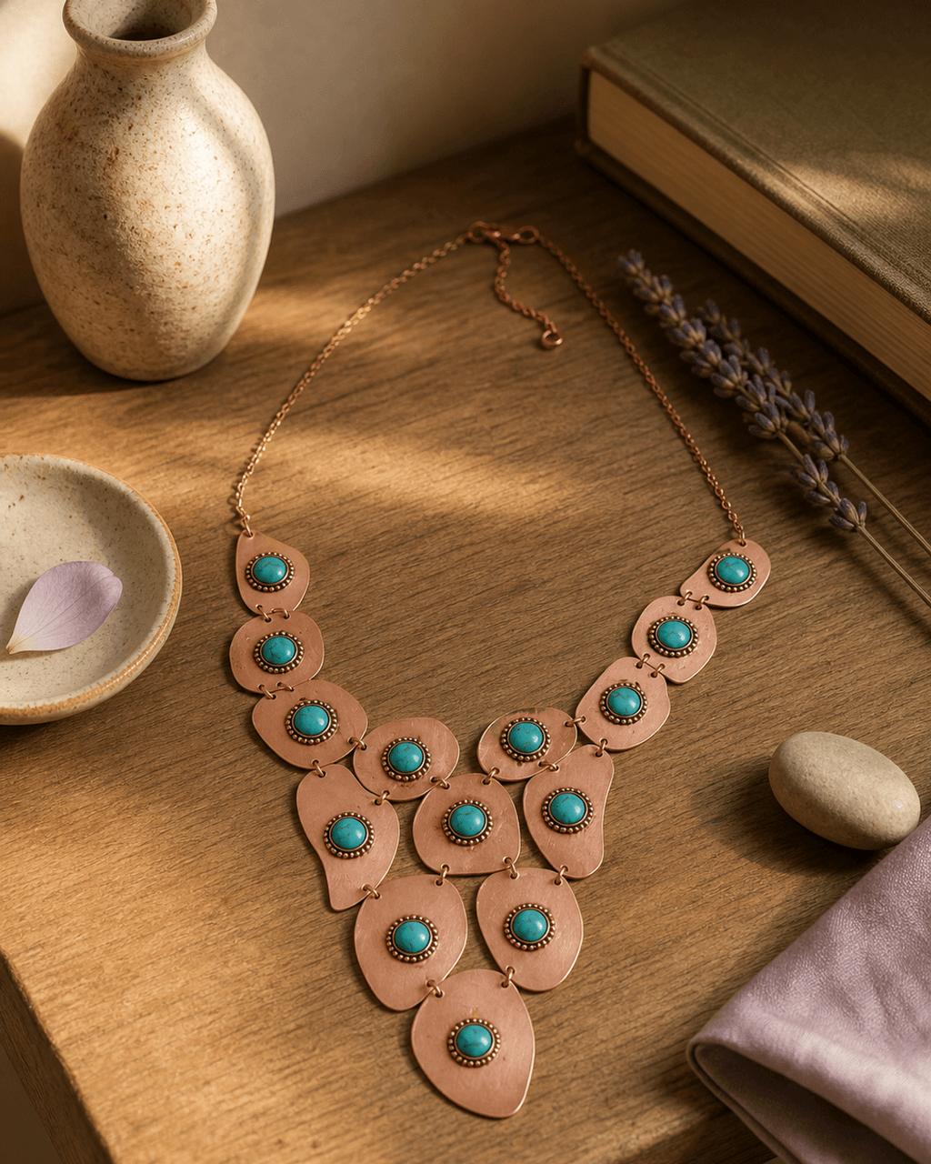 Cascading Copper Bib Necklace with Turquoise Cabochons