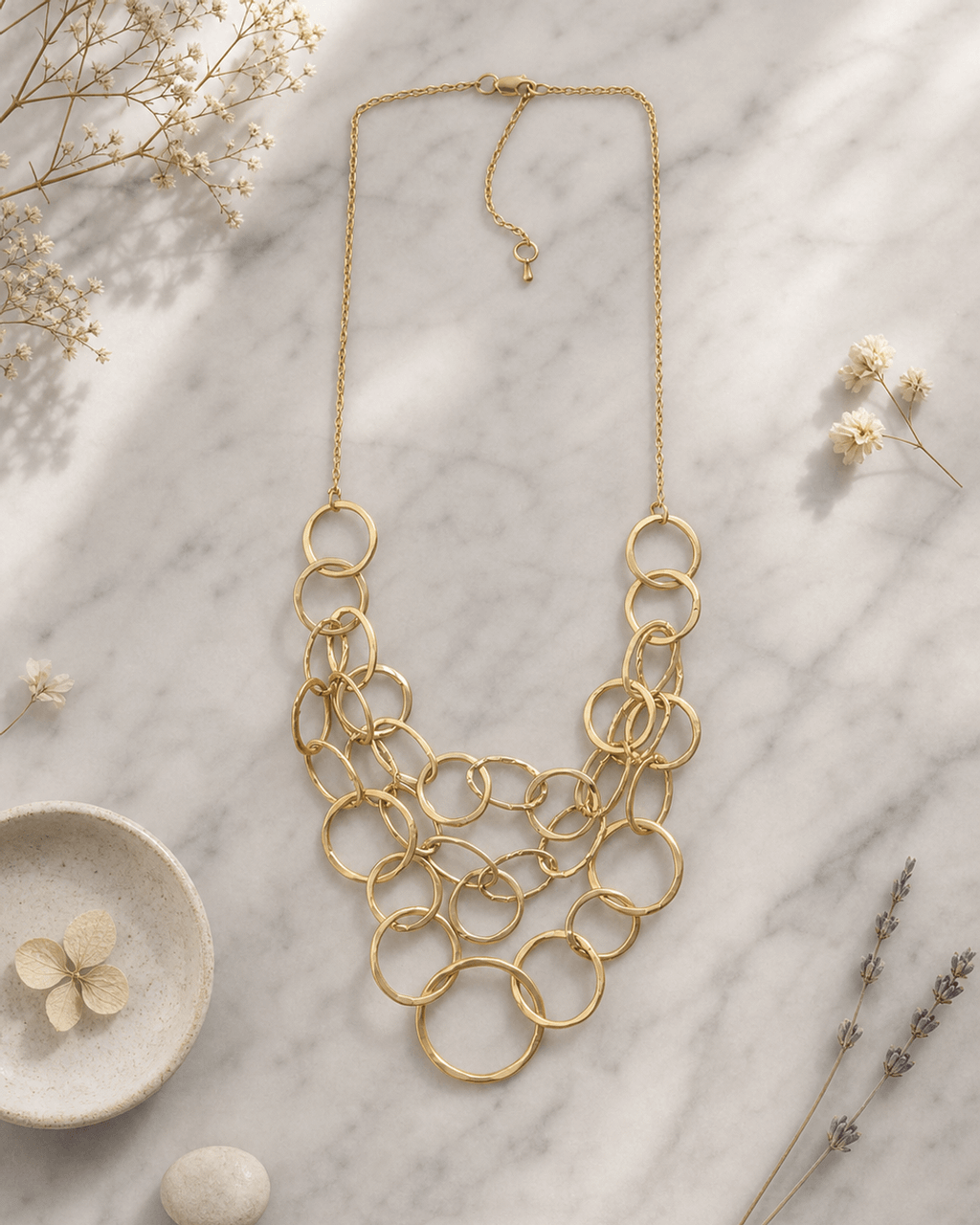 Cascading Hammered Ring Bib Necklace, Gold-Tone