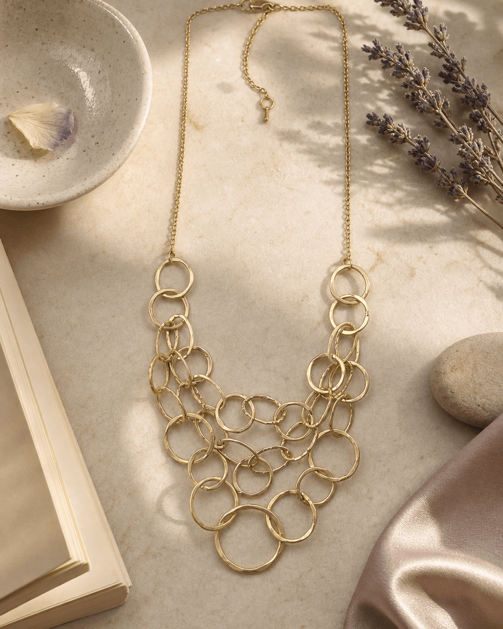 Cascading Hammered Ring Bib Necklace, Gold-Tone