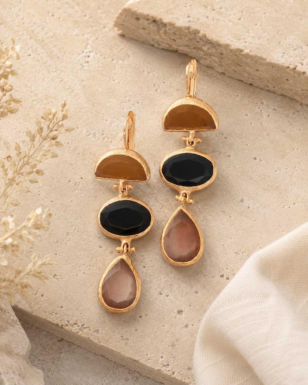 Graduated Three-Stone Cat Eye Drop Earrings