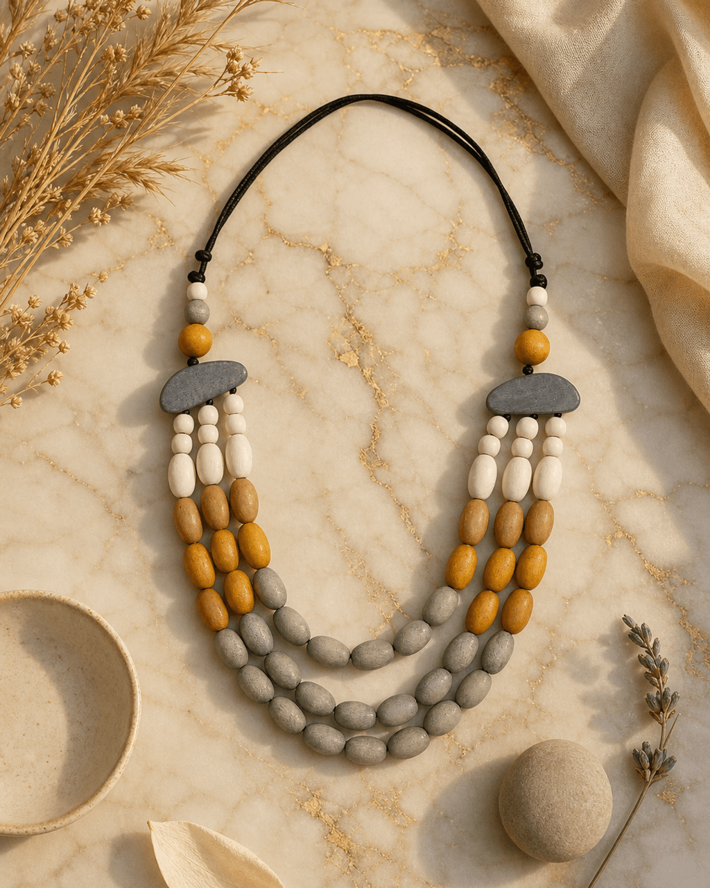 Frankie Triple-Strand Wood Bead Necklace