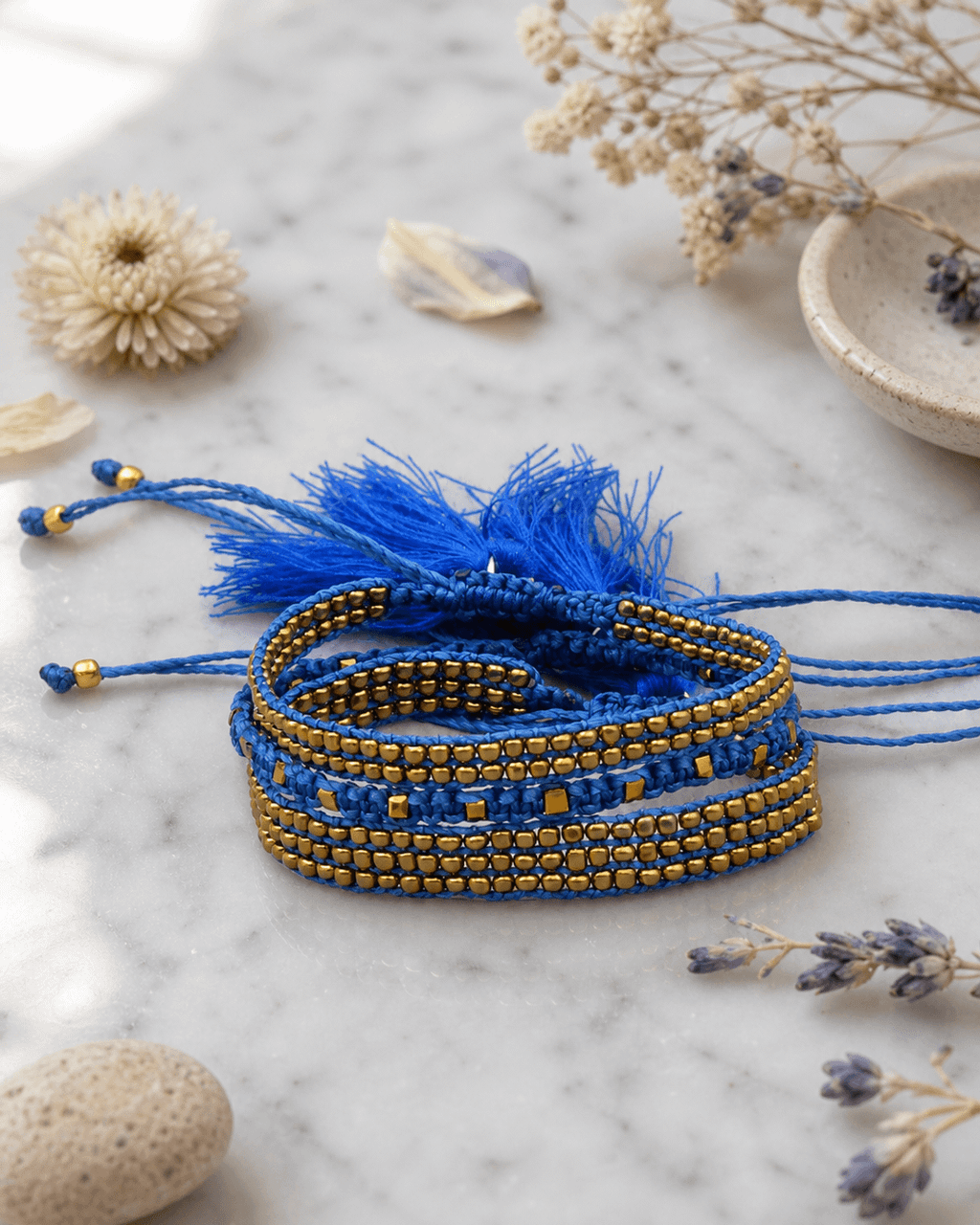 Cobalt and Gold Beaded Cord Bracelet Set