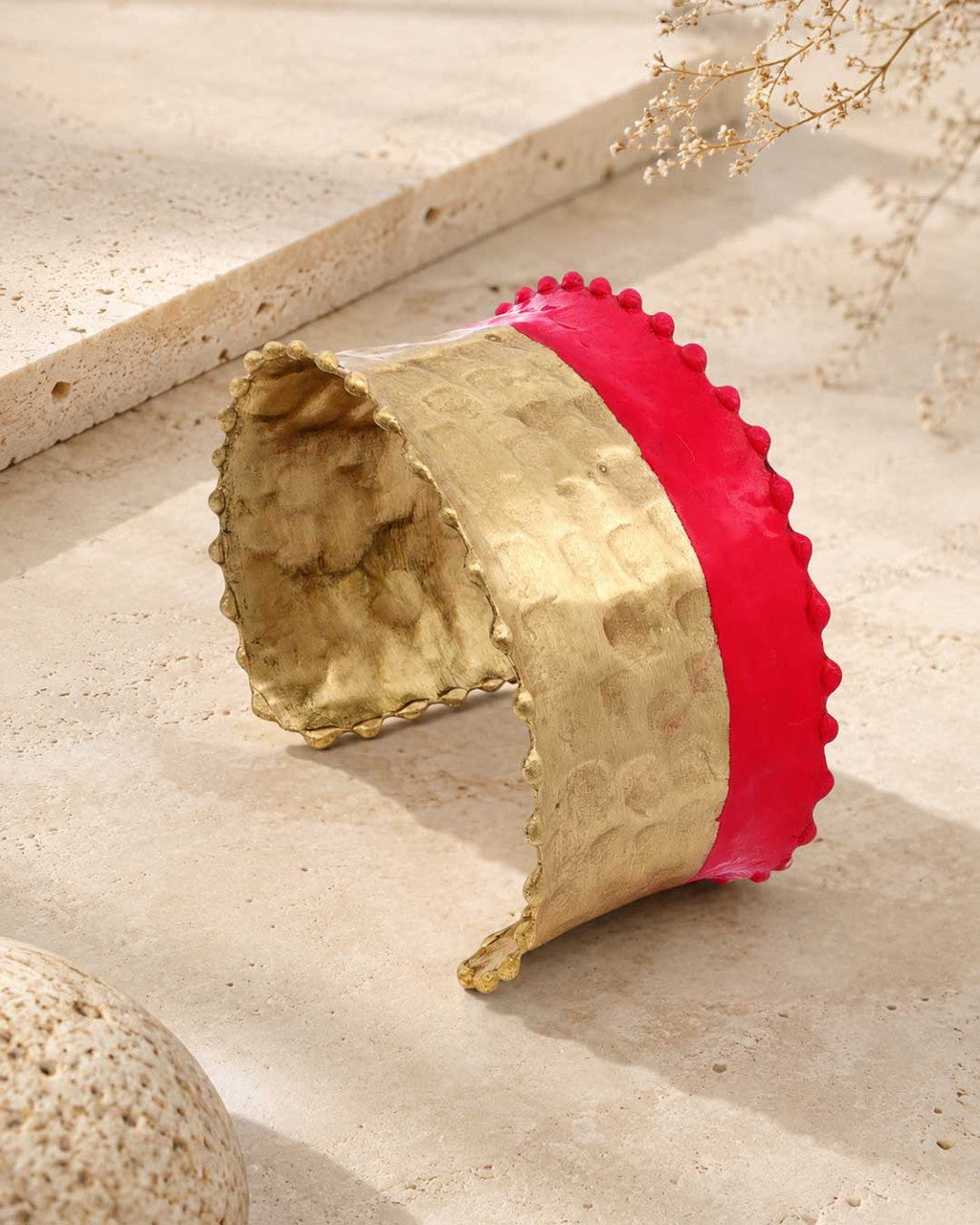 Hammered Brass Cuff with Red Painted Band
