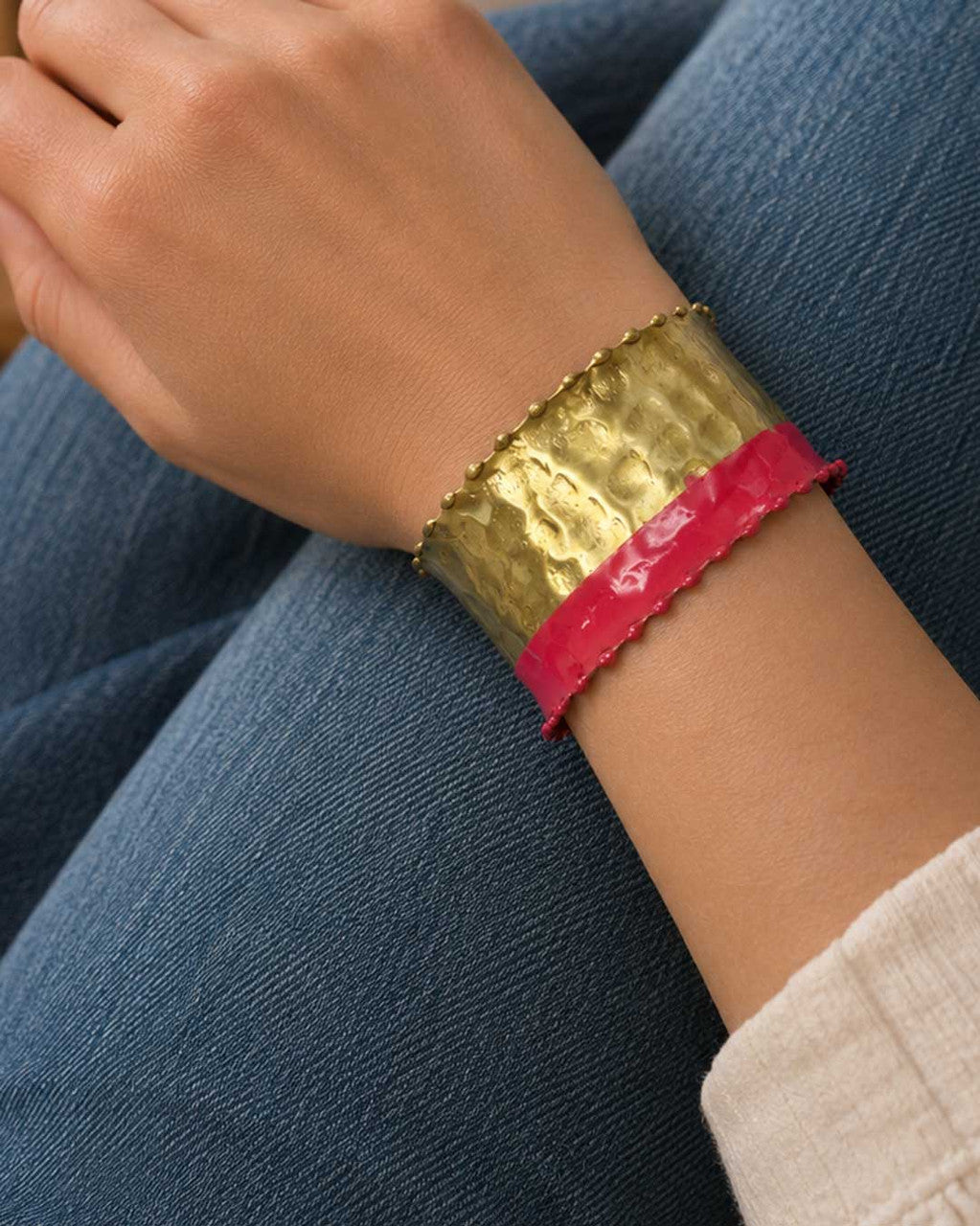 Hammered Brass Cuff with Red Painted Band