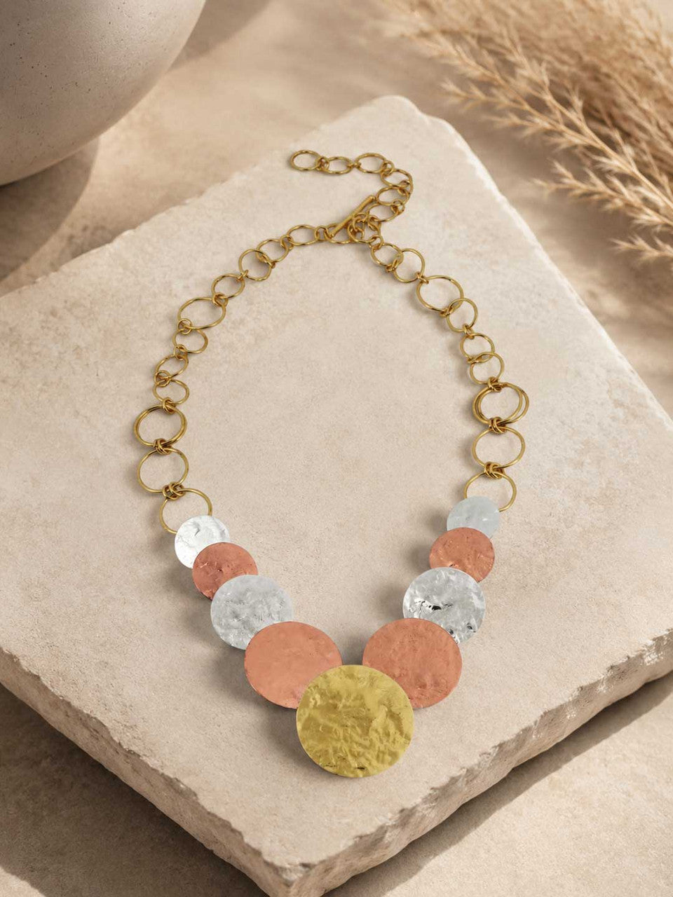 Tri-Tone Hammered Disc Necklace