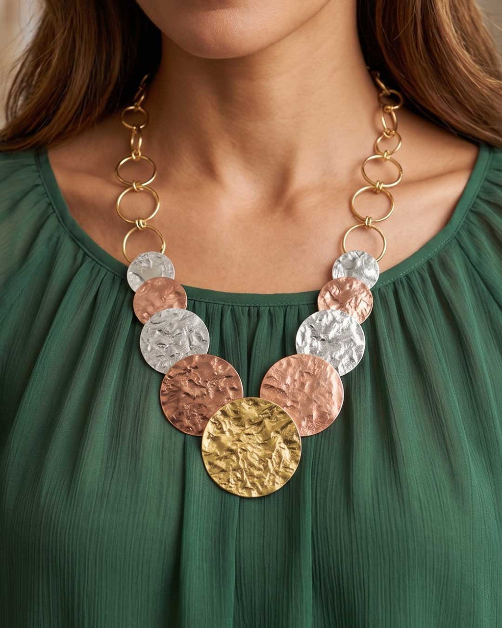 Tri-Tone Hammered Disc Necklace