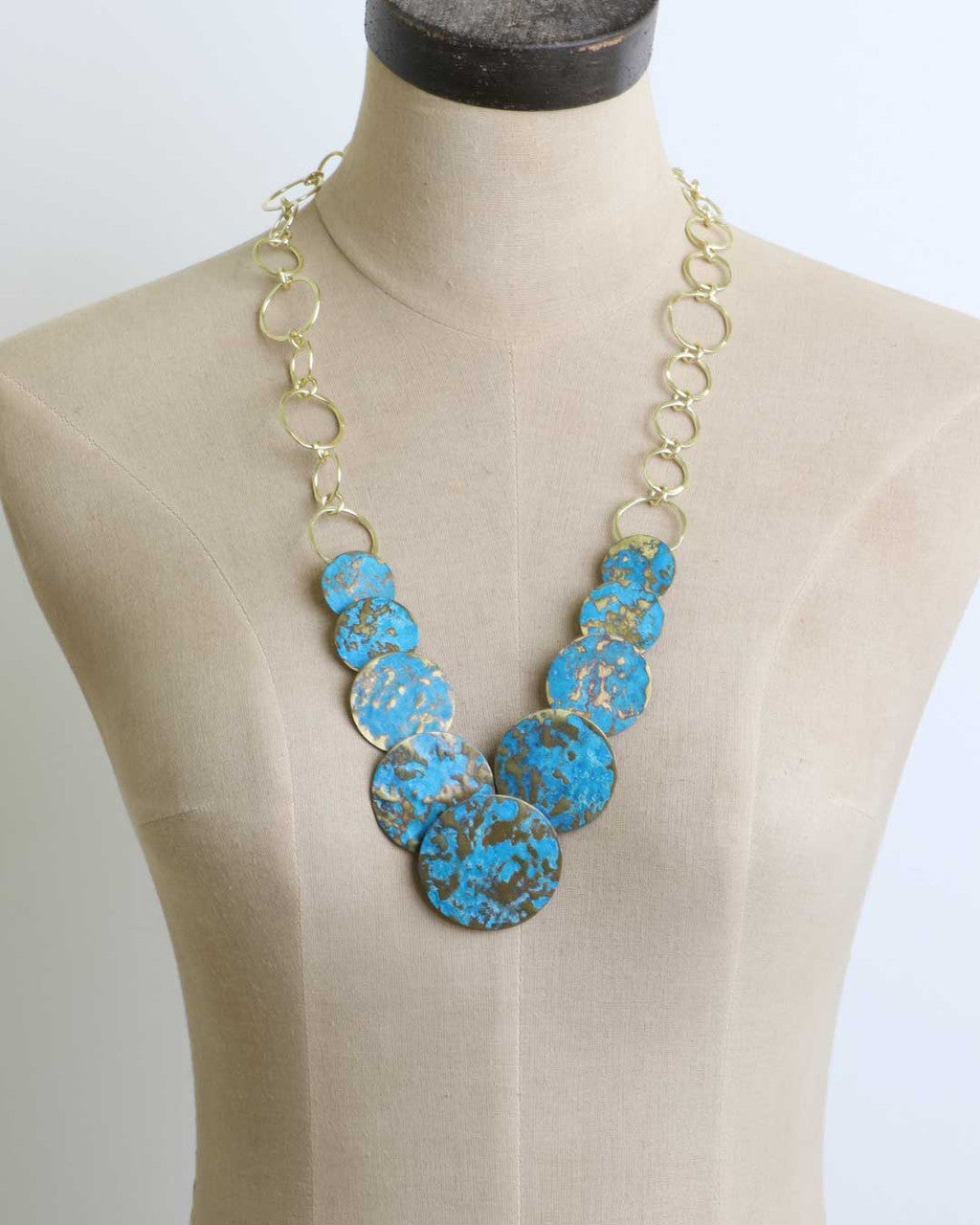 Graduated Disc Necklace, Blue Patina