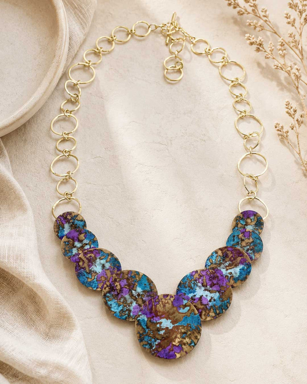 Patina Disc Cascade Necklace, Violet and Turquoise