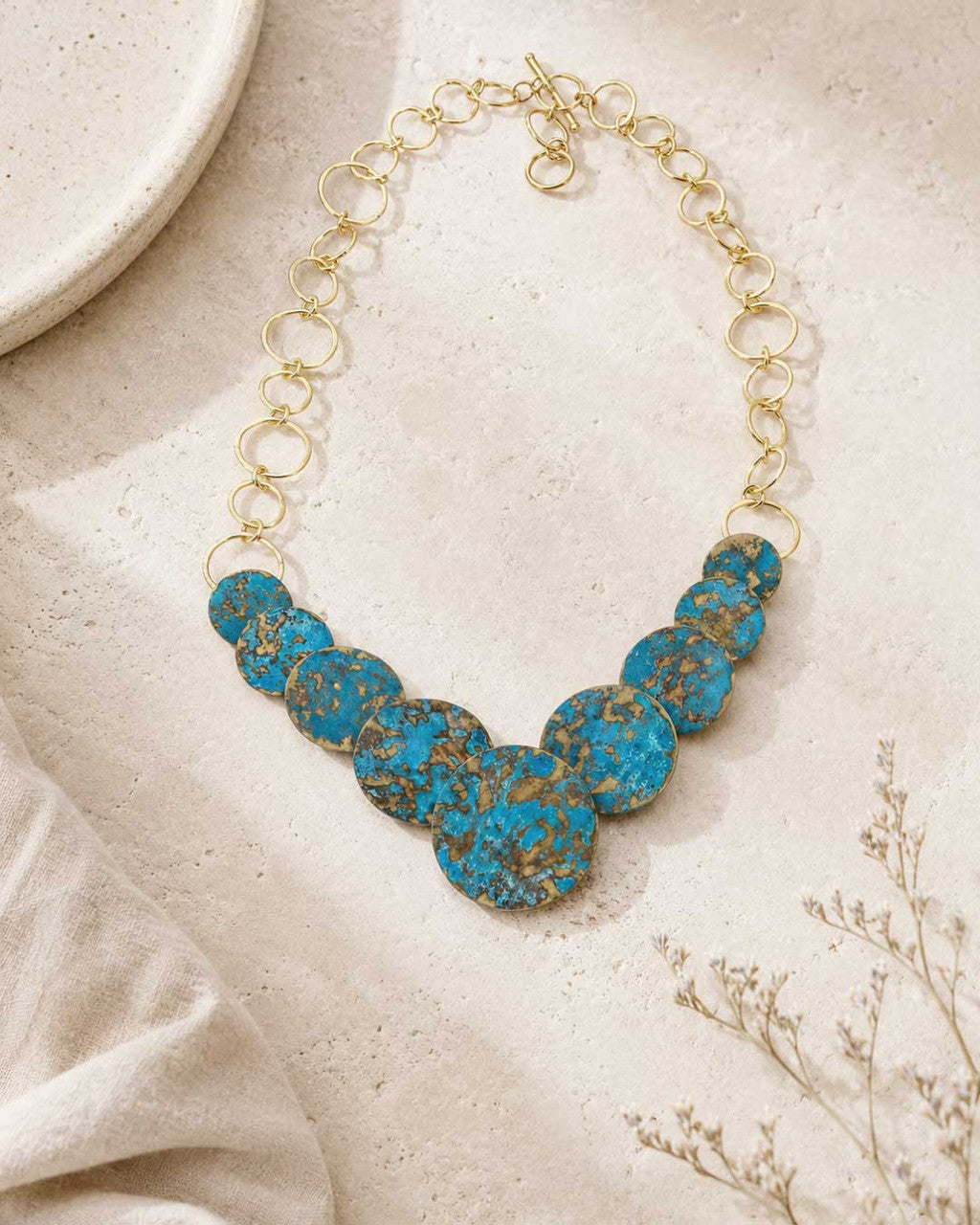 Graduated Disc Necklace, Blue Patina