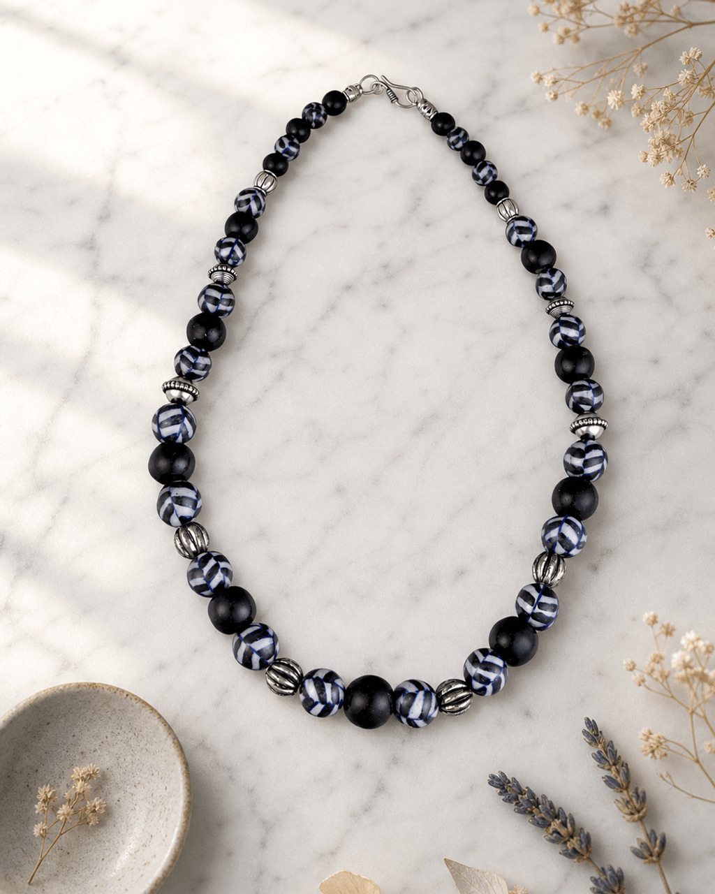 Painted Ceramic Bead Necklace in Cobalt and Black