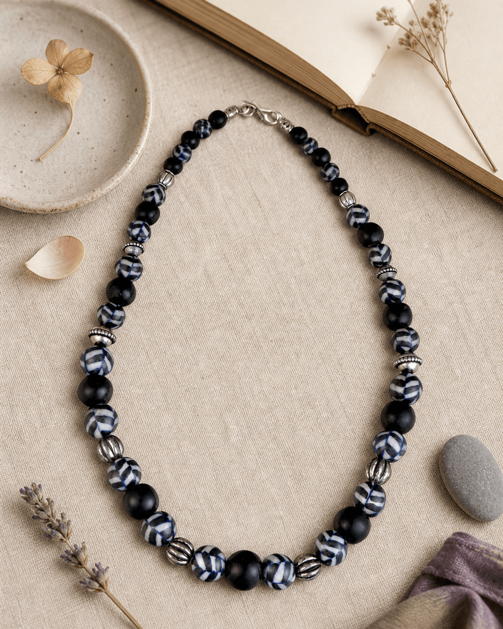 Painted Ceramic Bead Necklace in Cobalt and Black
