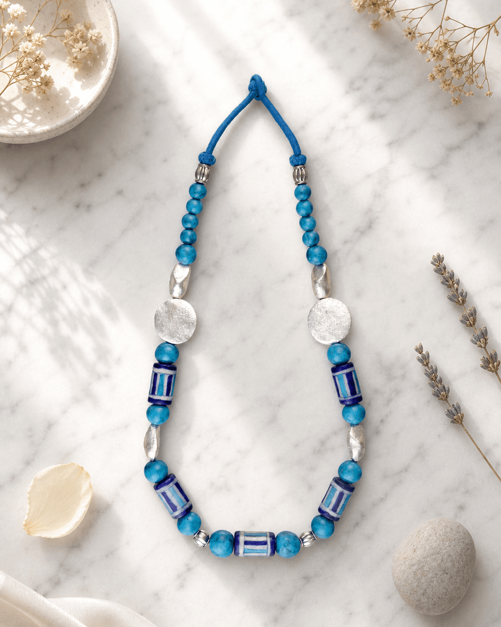 Striped Ceramic Bead Strand with Hammered Silver-Tone Discs