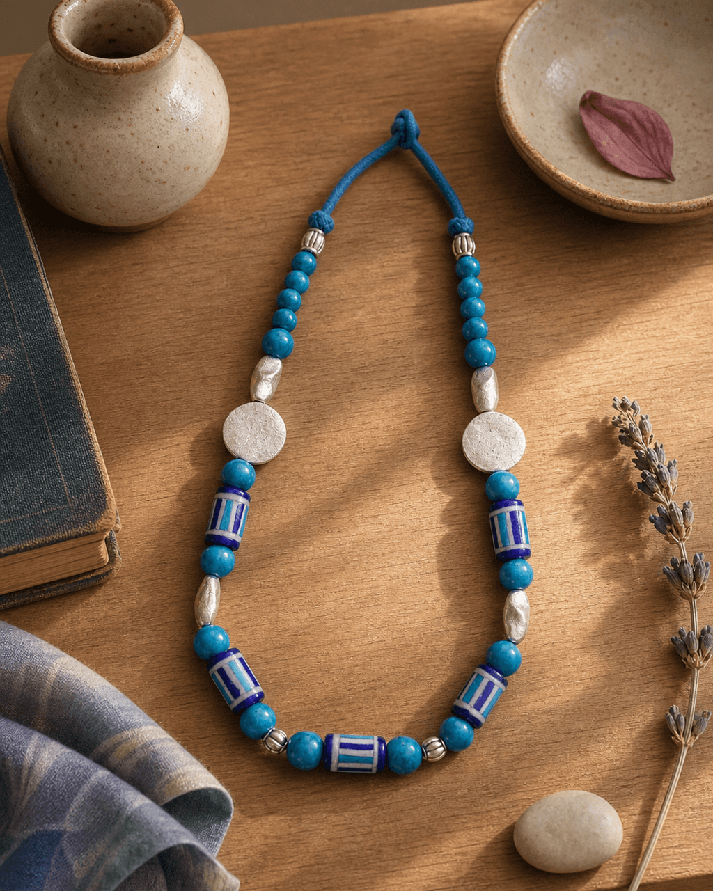 Striped Ceramic Bead Strand with Hammered Silver-Tone Discs