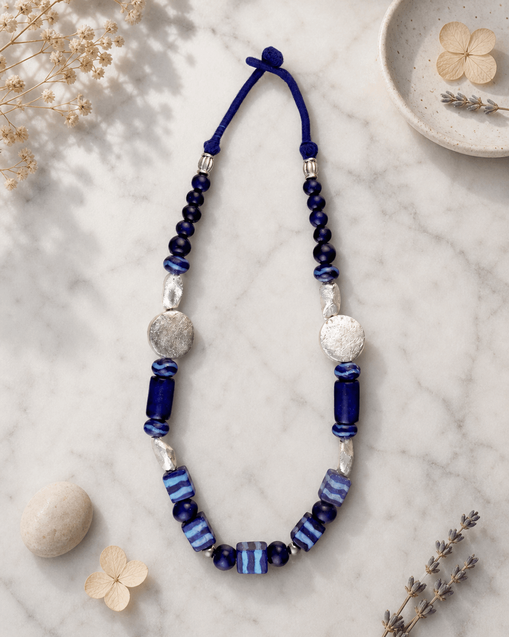 Indigo Ceramic Strand with Hammered Silver-Tone Discs