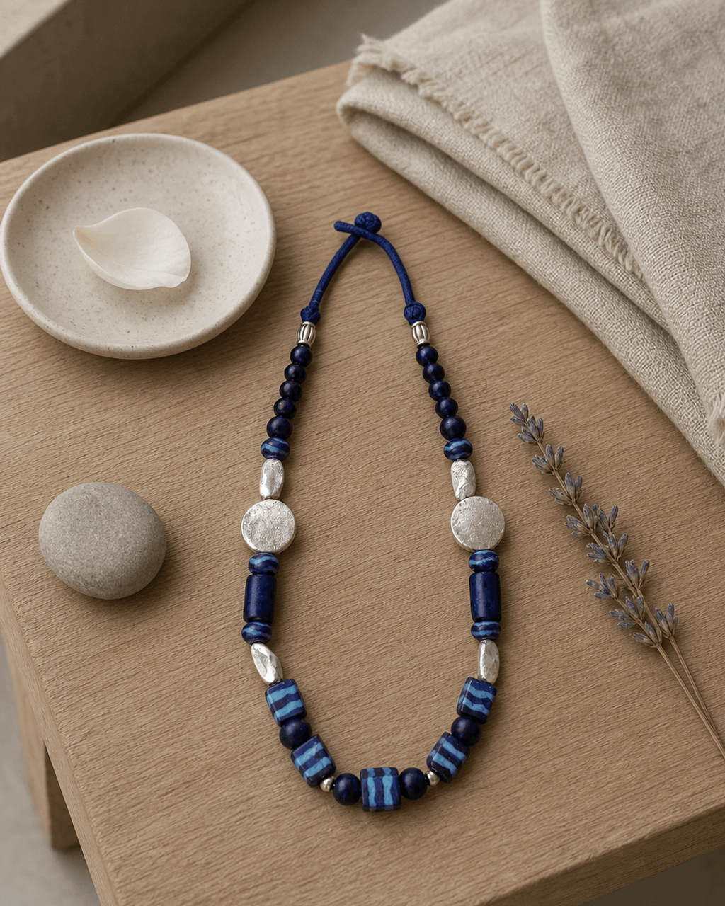 Indigo Ceramic Strand with Hammered Silver-Tone Discs