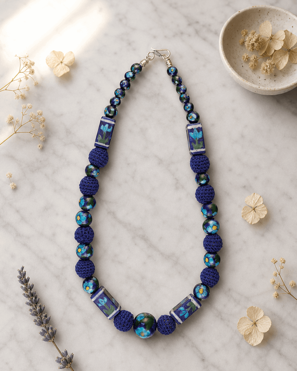 Cobalt Floral Ceramic and Crochet Bead Necklace