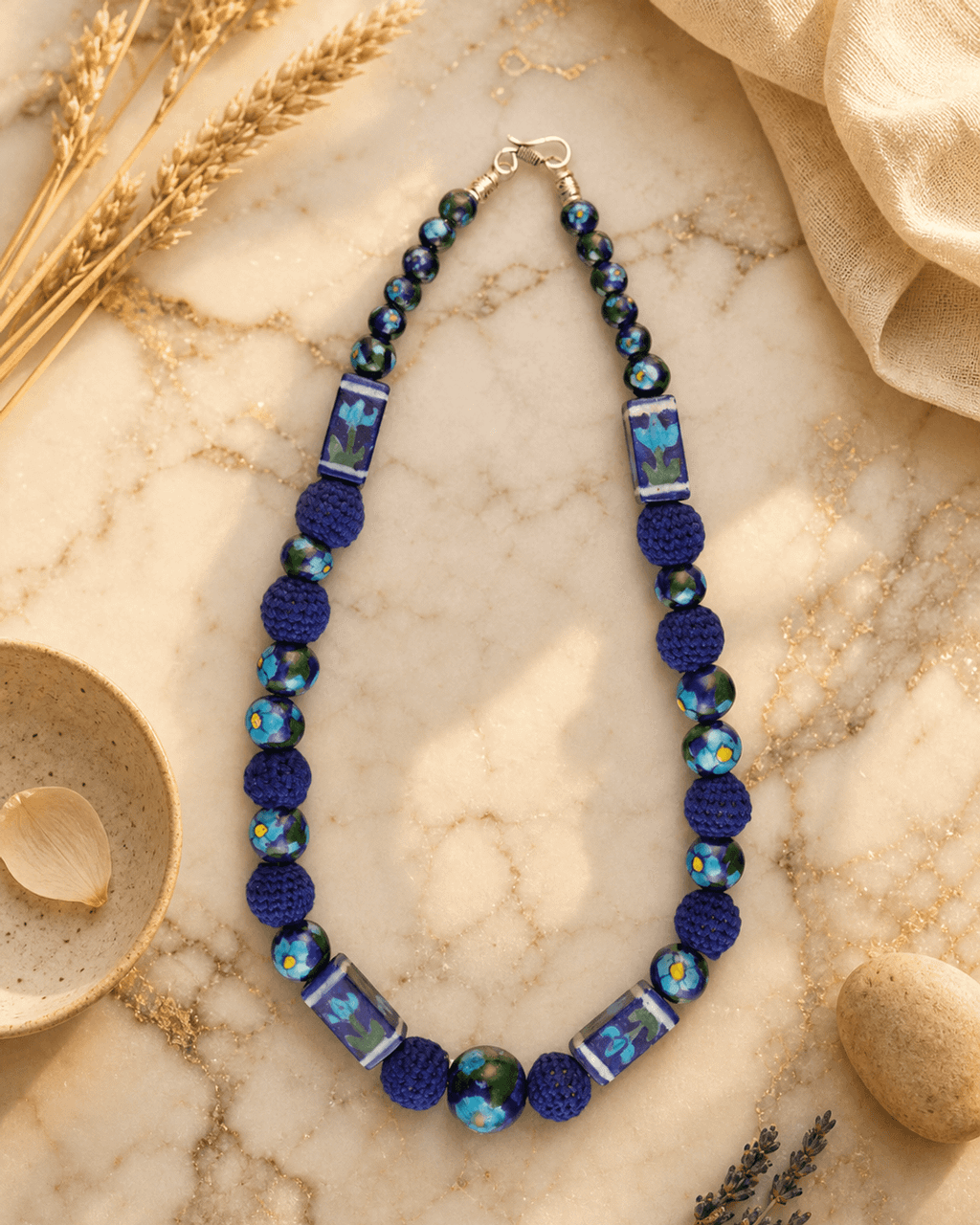 Cobalt Floral Ceramic and Crochet Bead Necklace