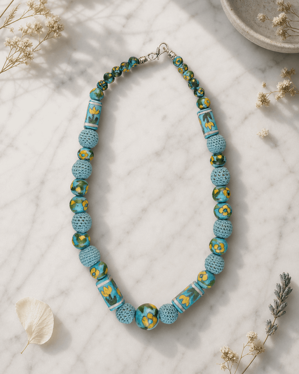 Turquoise Painted Ceramic and Crochet Bead Necklace