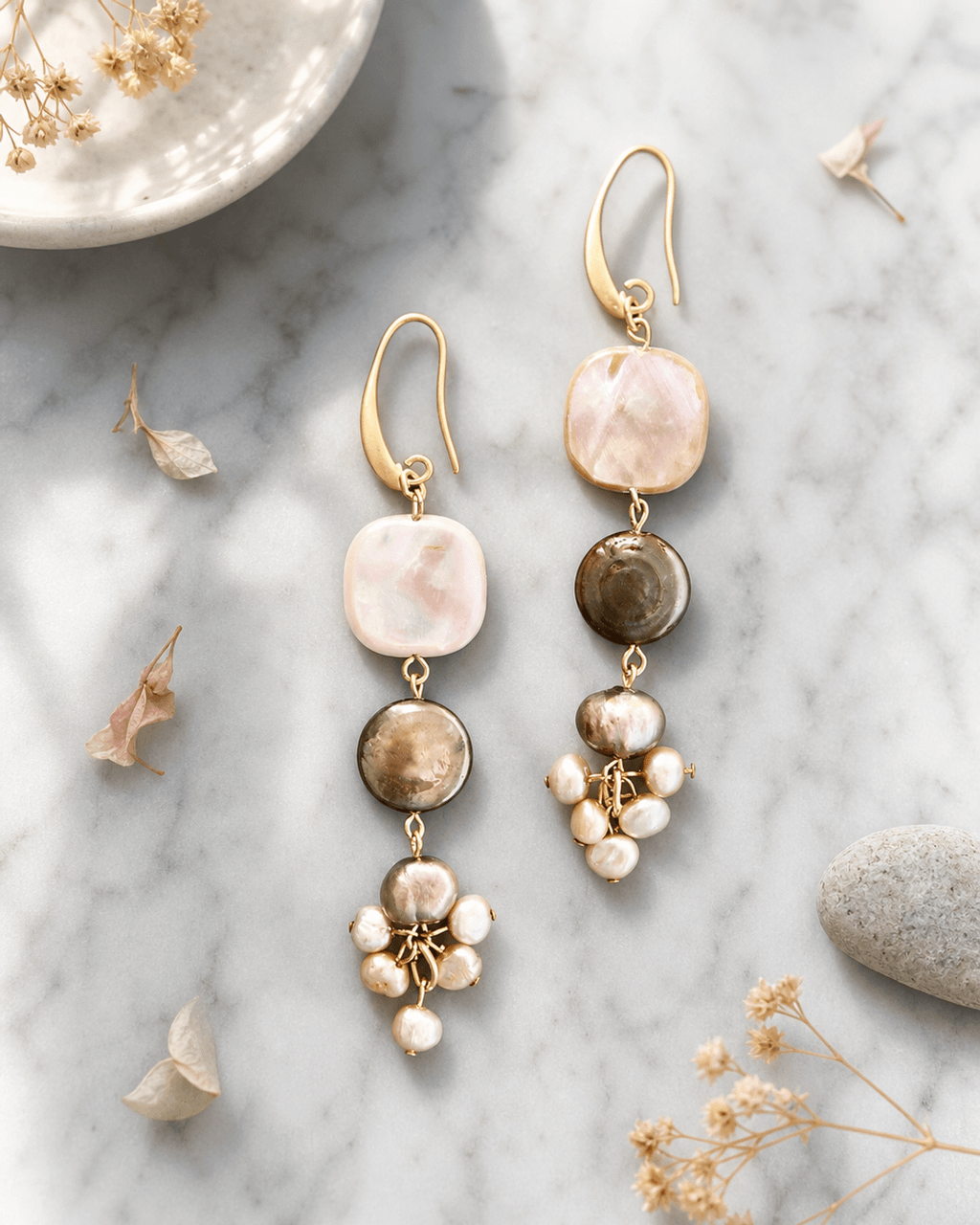 Tiered Cascade Drop Earrings in Blush and Smoke