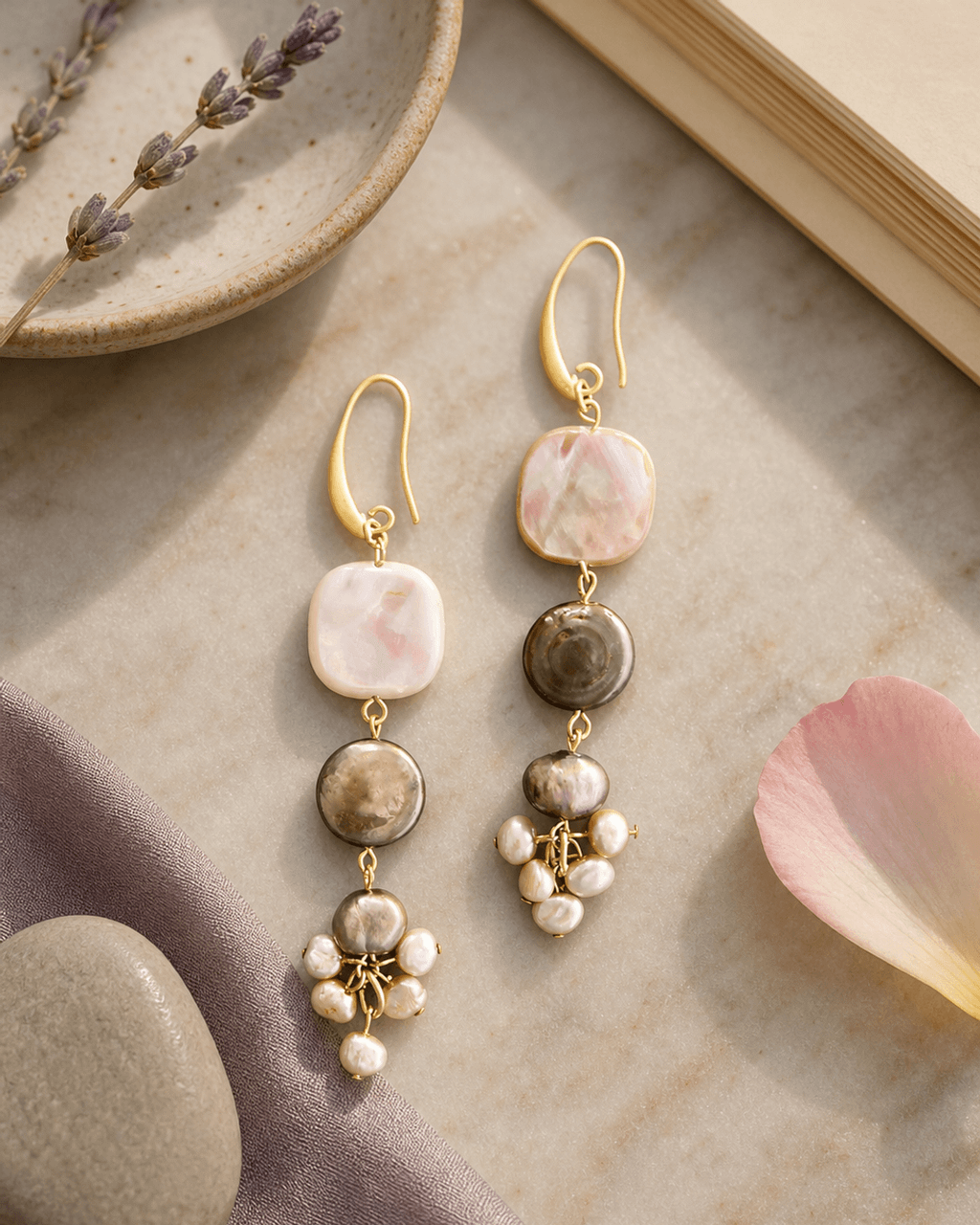 Tiered Cascade Drop Earrings in Blush and Smoke