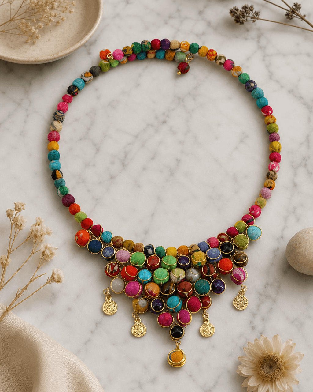 Cluster Bib Choker in Textile and Gemstone