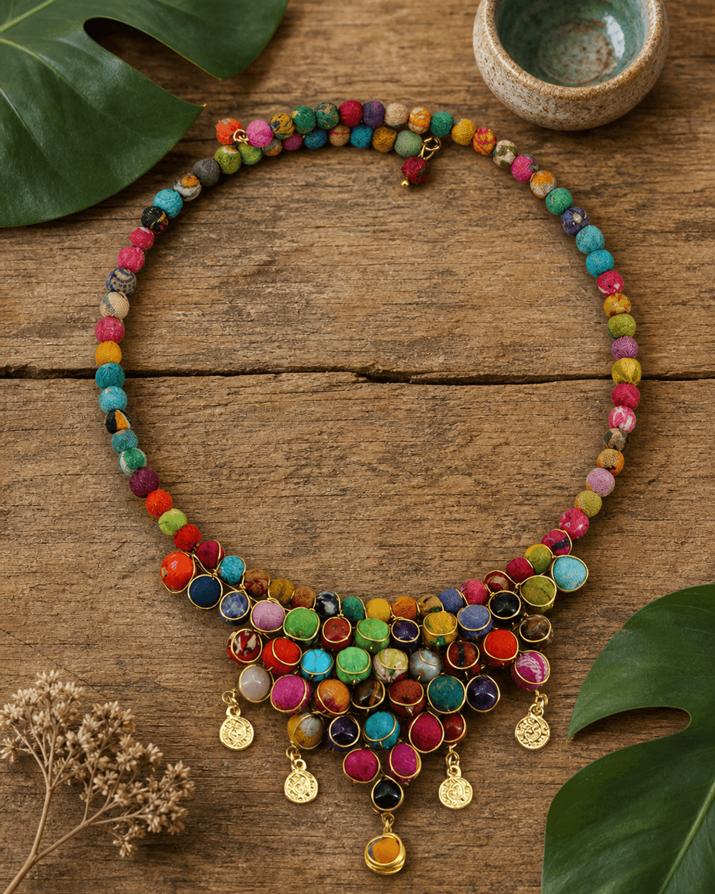 Cluster Bib Choker in Textile and Gemstone