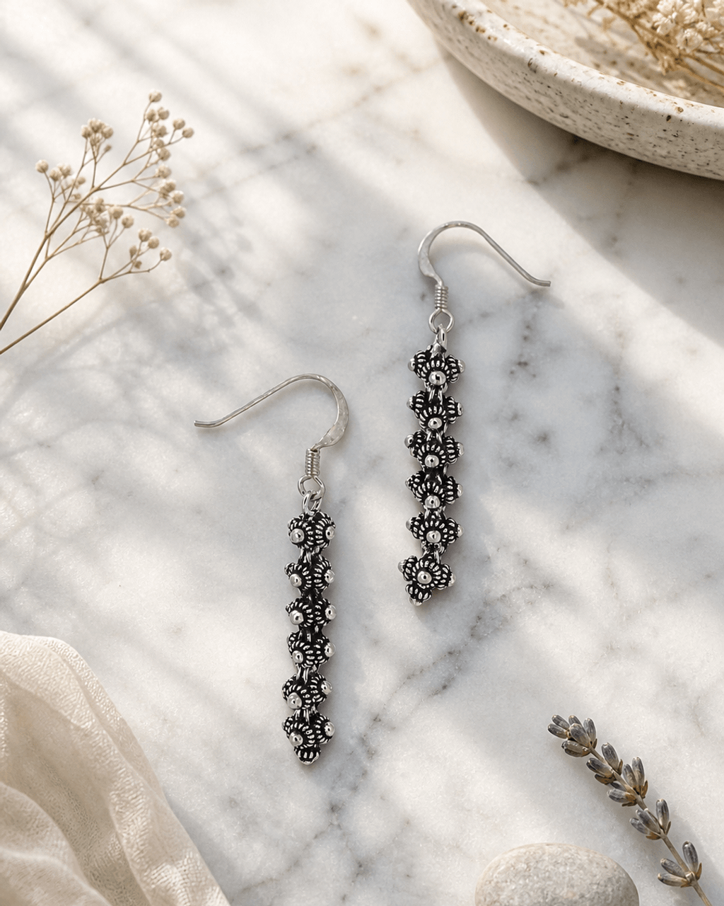 Stacked Floret Silver Drop Earrings
