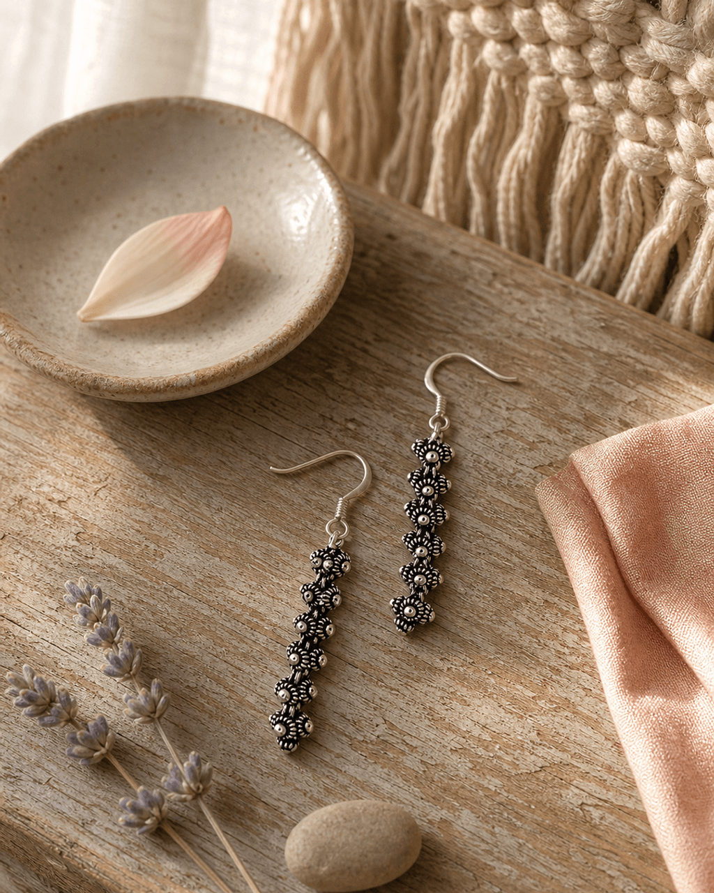 Stacked Floret Silver Drop Earrings