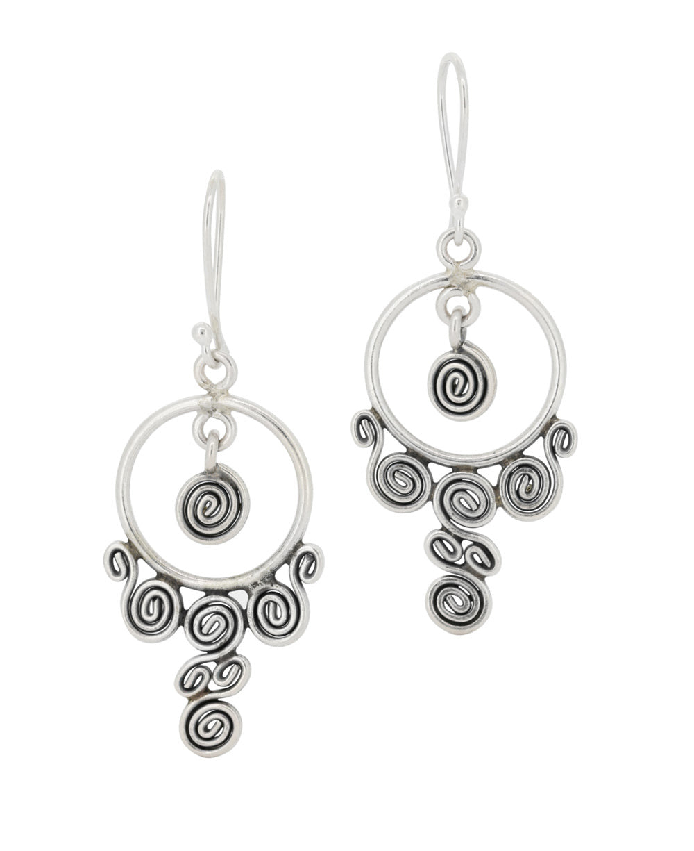 Coiled Spiral Chandelier Silver Earrings