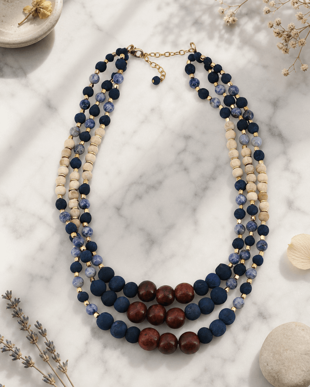 Three-Strand Indigo, Sodalite and Mahogany Necklace