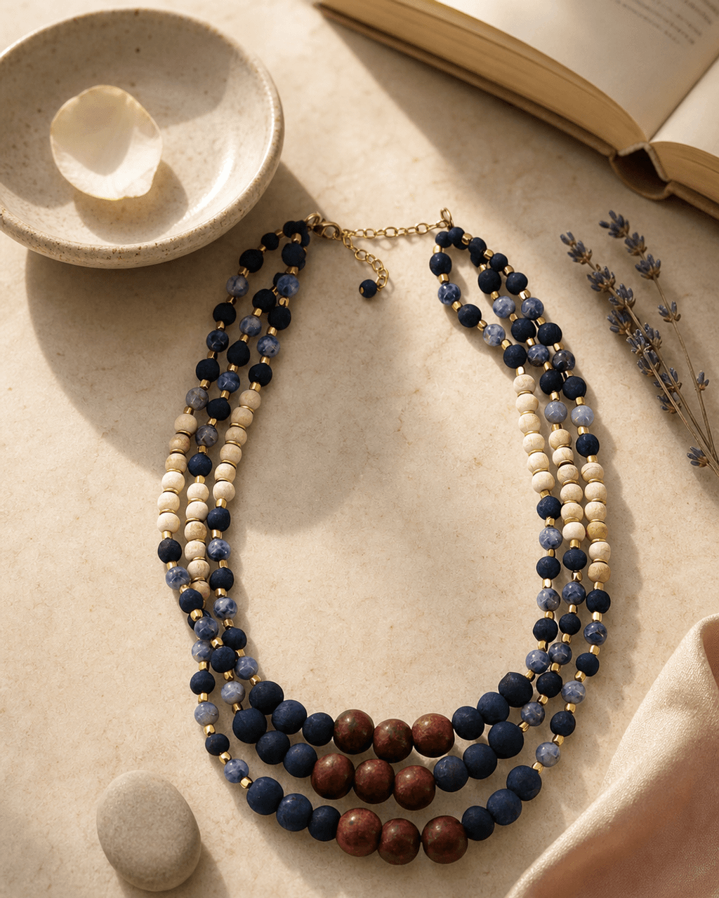 Three-Strand Indigo, Sodalite and Mahogany Necklace