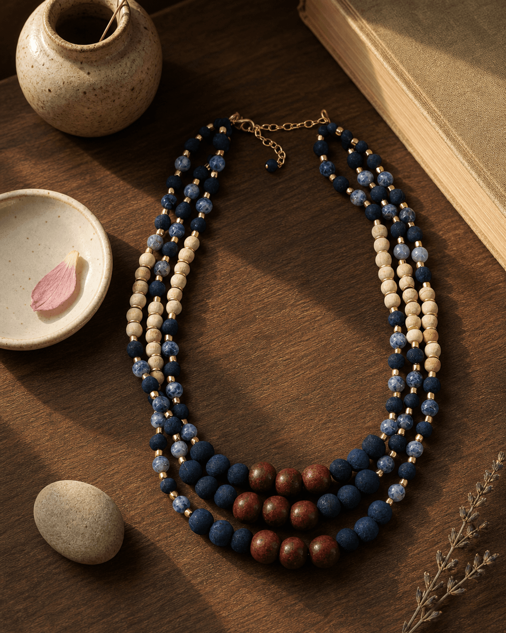 Three-Strand Indigo, Sodalite and Mahogany Necklace