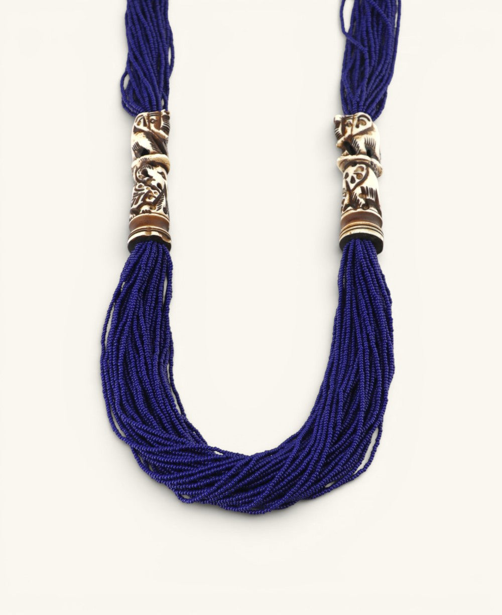 Cobalt Seed Bead Necklace with Carved Bone Elephants