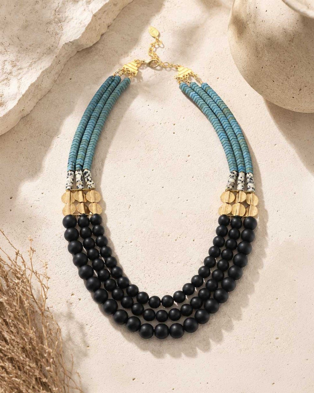 Aqua-to-Black Triple-Strand Beaded Necklace