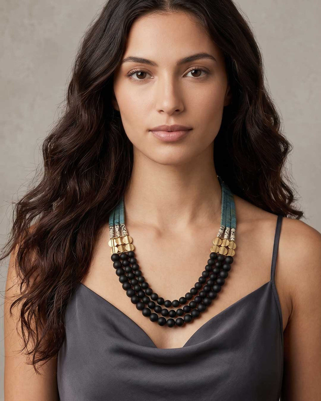 Aqua-to-Black Triple-Strand Beaded Necklace