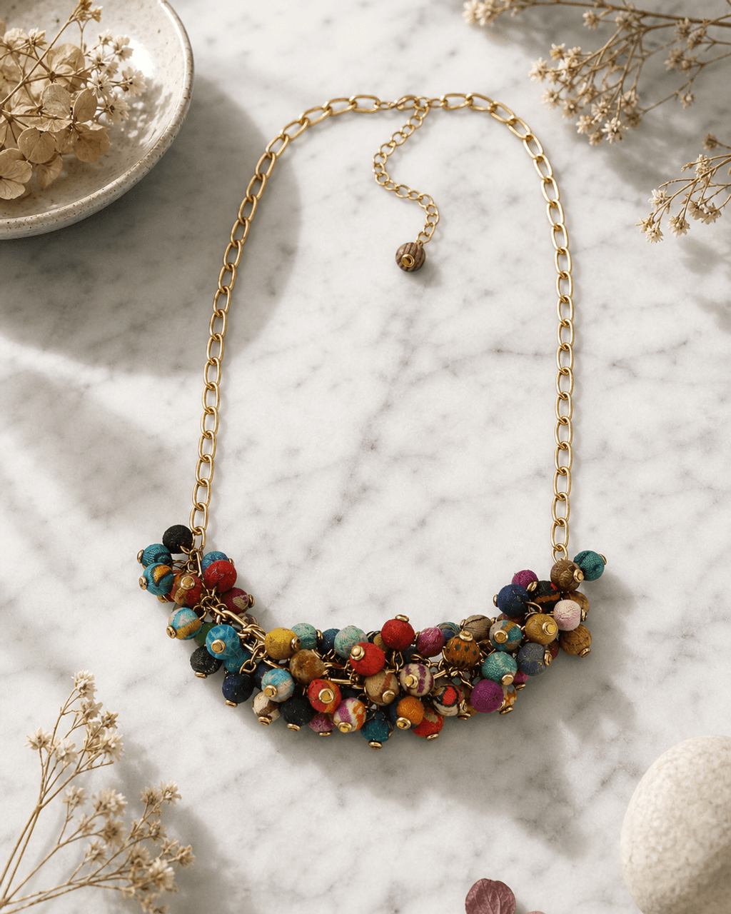 Kantha Bead Cluster Necklace on Oversized Brass Chain