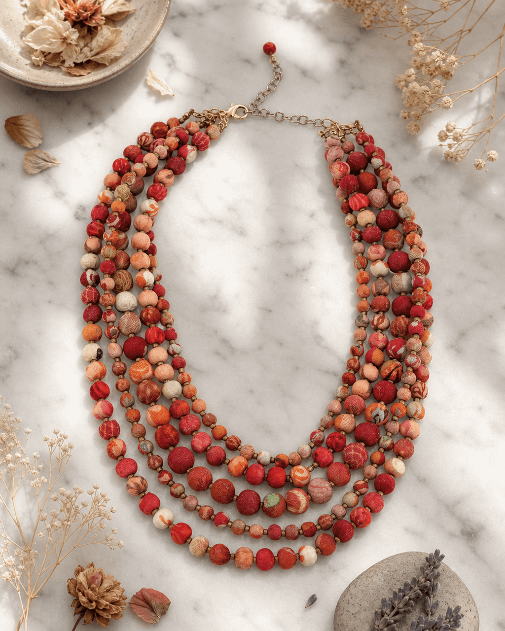 Sunset Five-Strand Fabric-Wrapped Bead Necklace