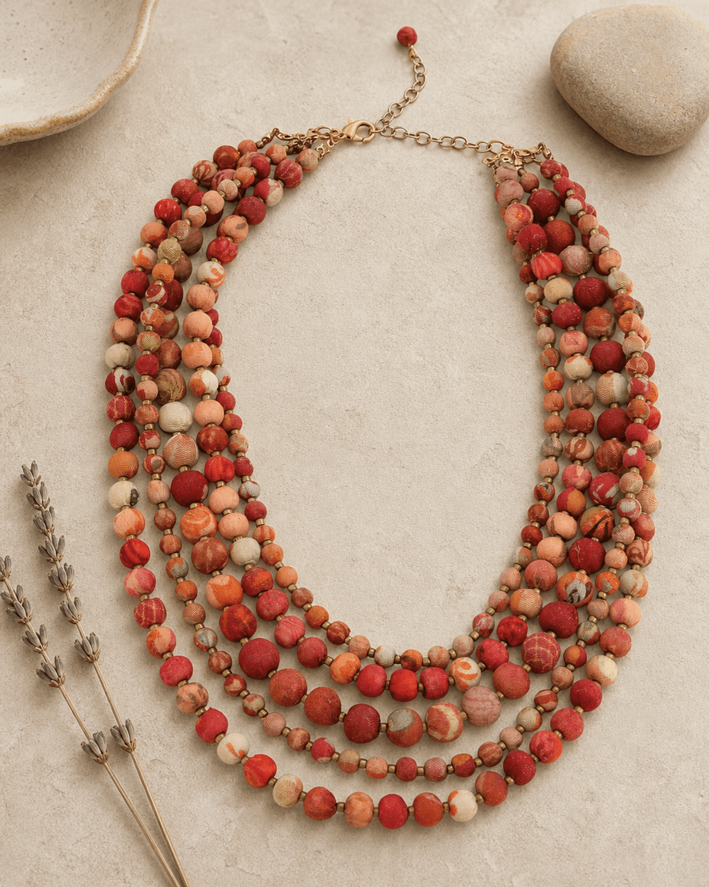 Sunset Five-Strand Fabric-Wrapped Bead Necklace