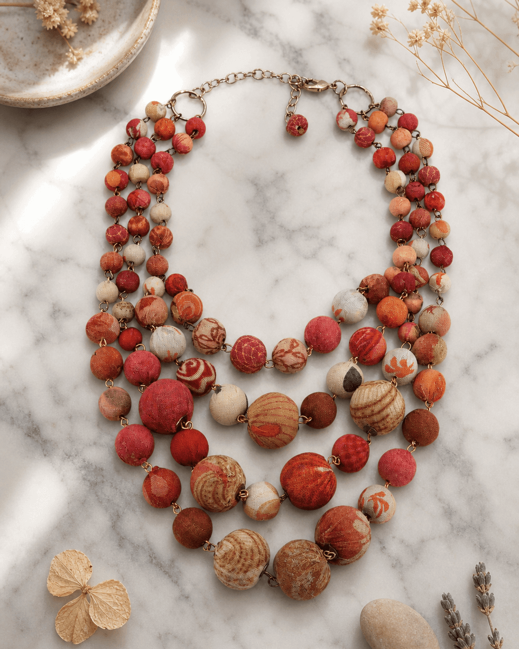 Layered Kantha Necklace, Warm Sunset