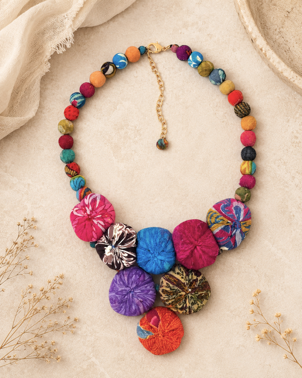 Kantha Rosette Cluster Bead Necklace