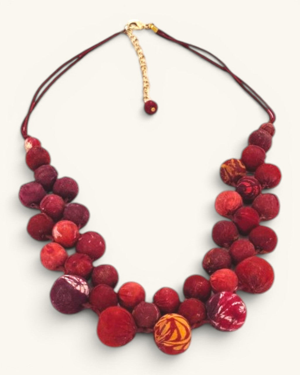 Red Kantha Fabric Bead Bib Necklace