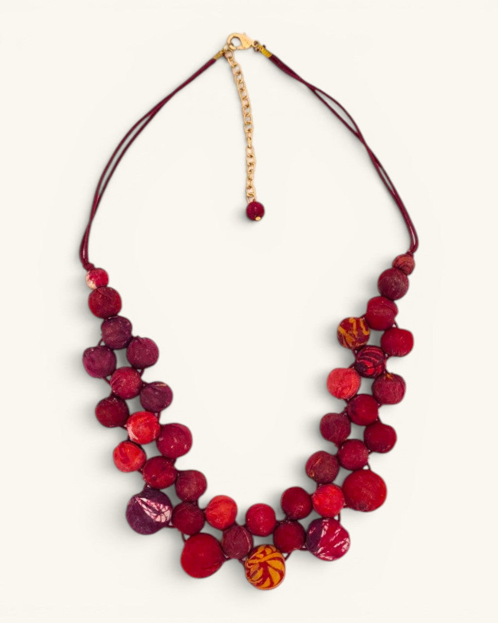 Red Kantha Fabric Bead Bib Necklace