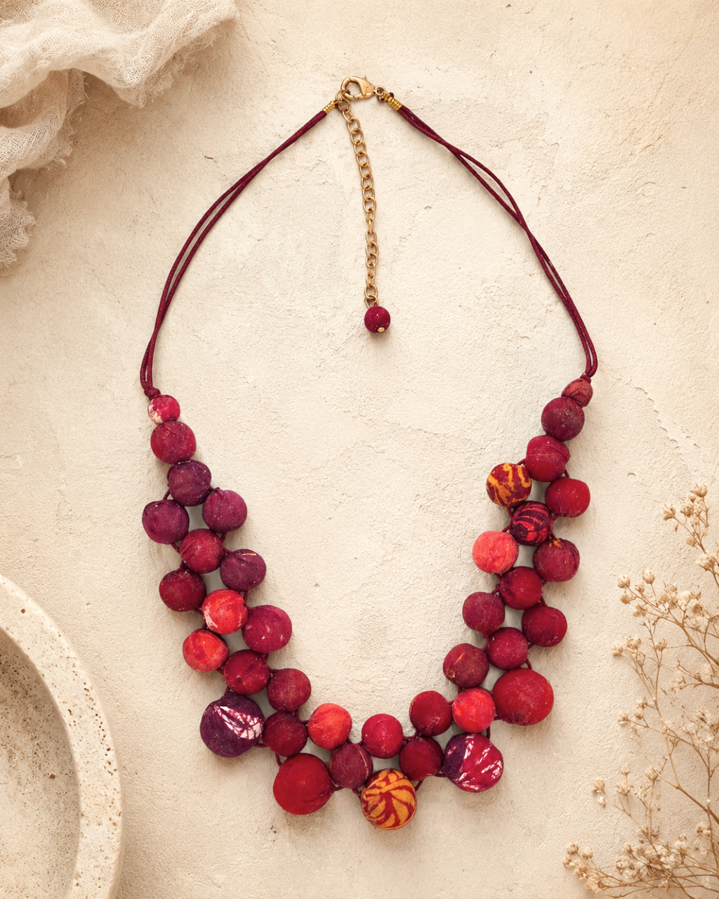 Red Kantha Fabric Bead Bib Necklace