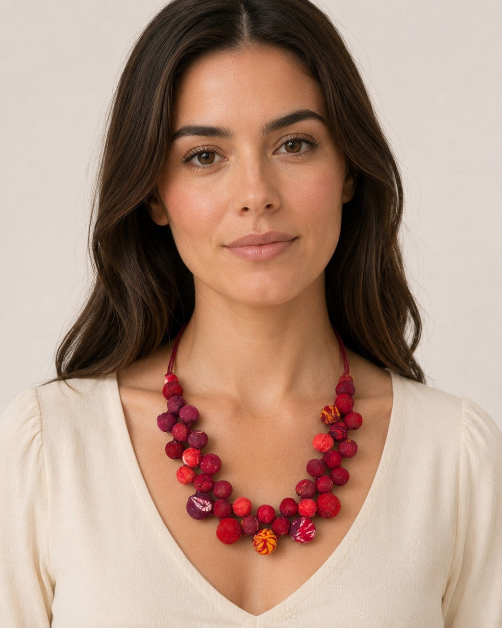 Red Kantha Fabric Bead Bib Necklace