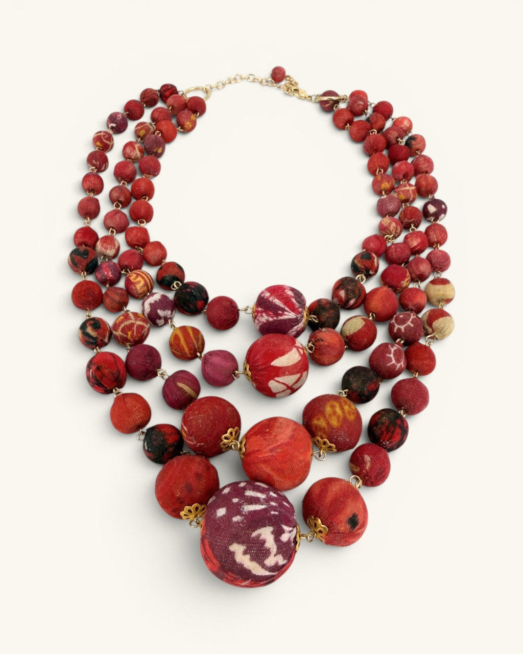 Four-Strand Fabric Bead Bib Necklace in Red