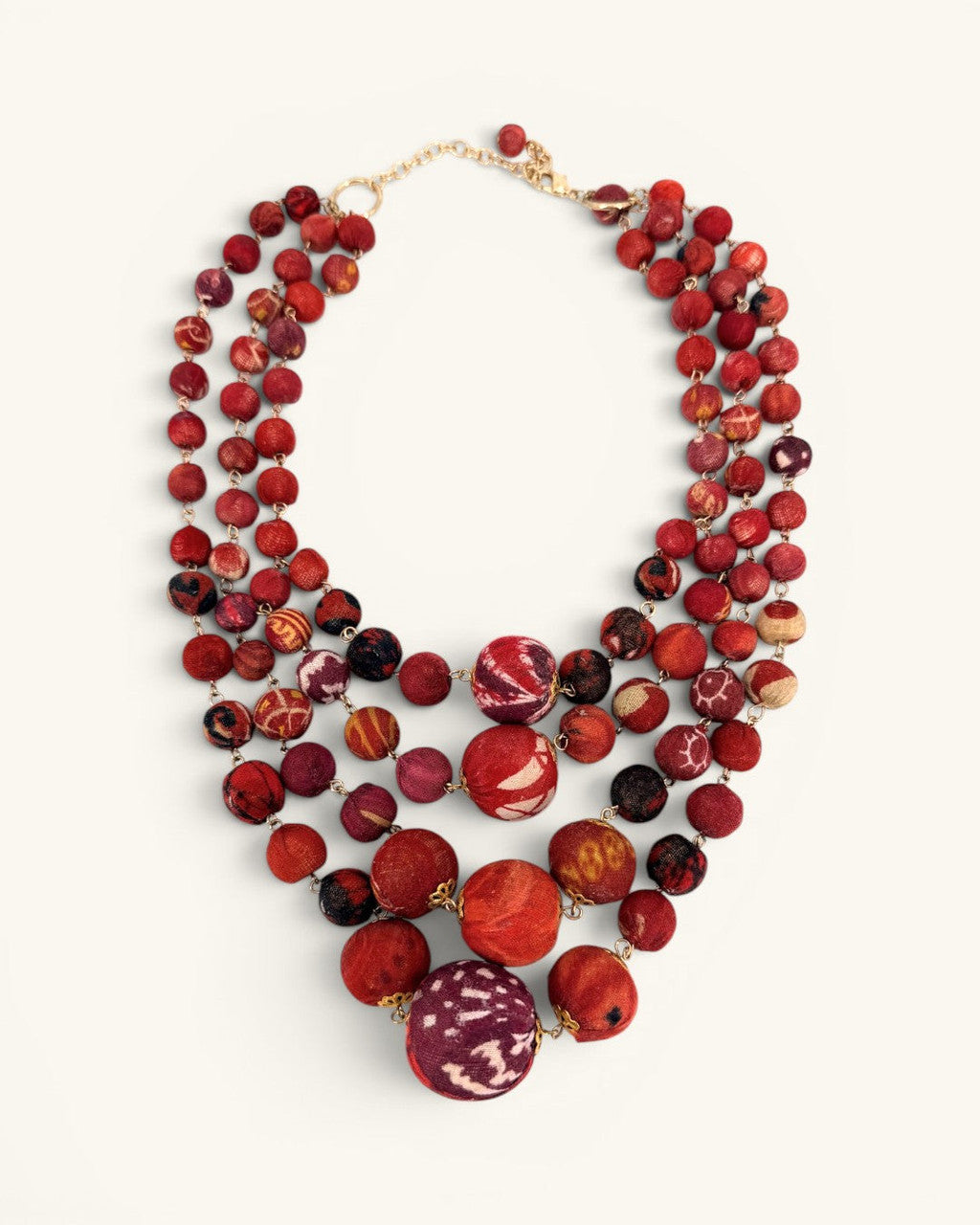 Four-Strand Fabric Bead Bib Necklace in Red