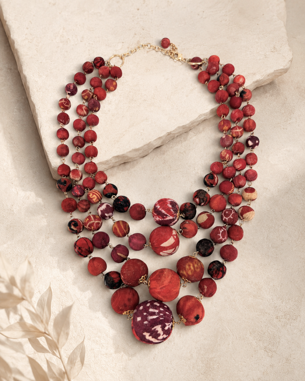 Four-Strand Fabric Bead Bib Necklace in Red