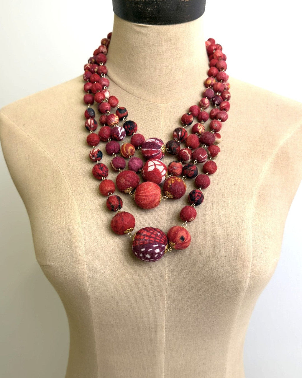Four-Strand Fabric Bead Bib Necklace in Red